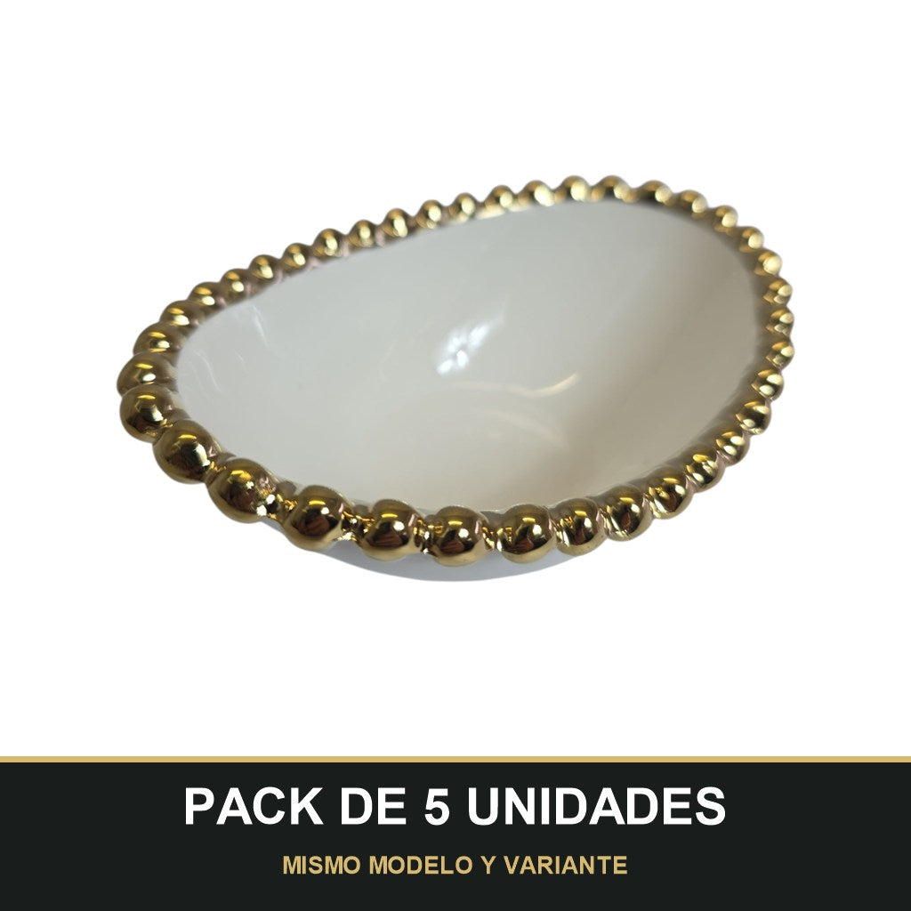 PACK DE 5 UNIDADES — Cuenco Ovalado de Porcelana con Borde Dorado 14,5cm x 10cm ✨. MISMO MODELO Y VARIANTE