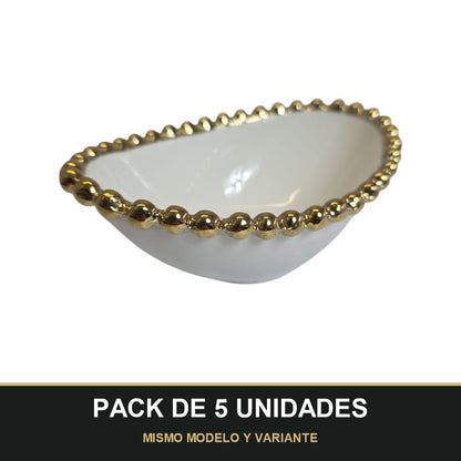 PACK DE 5 UNIDADES — Cuenco Ovalado de Porcelana con Borde Dorado 14,5cm x 10cm ✨. MISMO MODELO Y VARIANTE