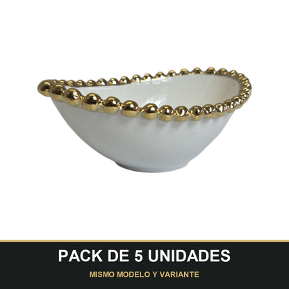 PACK DE 5 UNIDADES — Cuenco Ovalado de Porcelana con Borde Dorado 14,5cm x 10cm ✨. MISMO MODELO Y VARIANTE