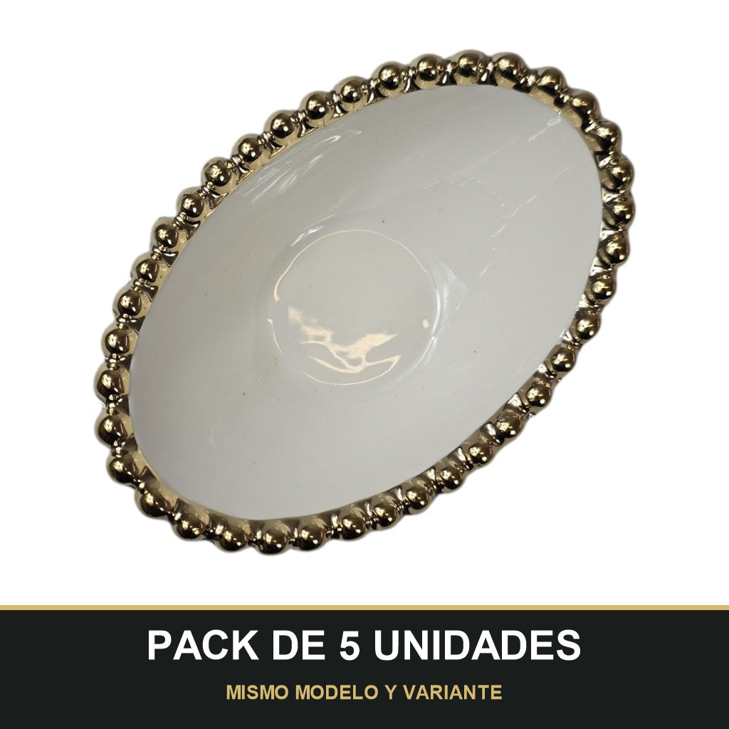 PACK DE 5 UNIDADES — Cuenco Ovalado de Porcelana con Borde Dorado 14,5cm x 10cm ✨. MISMO MODELO Y VARIANTE