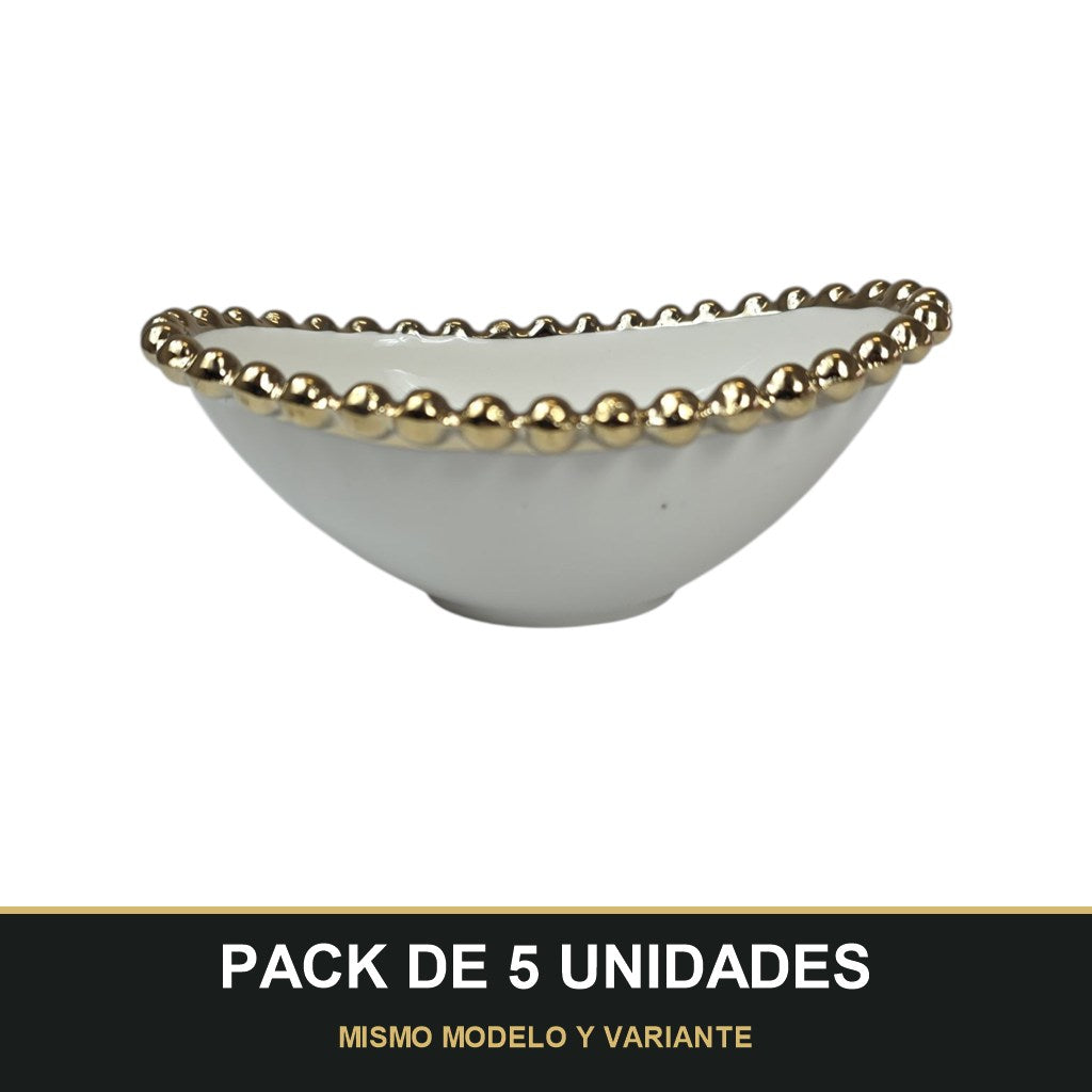 PACK DE 5 UNIDADES — Cuenco Ovalado de Porcelana con Borde Dorado 14,5cm x 10cm ✨. MISMO MODELO Y VARIANTE