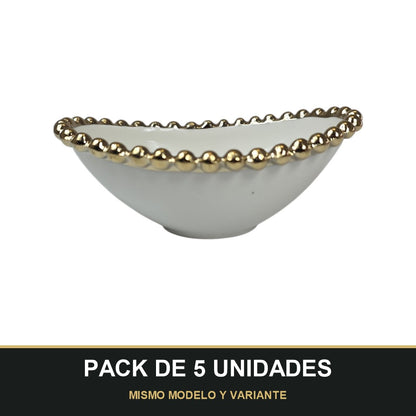 PACK DE 5 UNIDADES — Cuenco Ovalado de Porcelana con Borde Dorado 14,5cm x 10cm ✨. MISMO MODELO Y VARIANTE