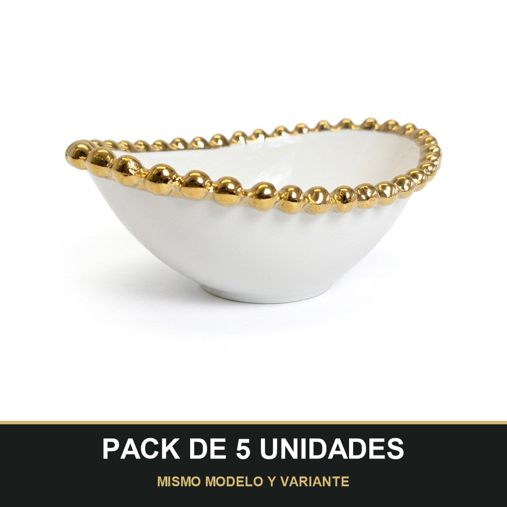 PACK DE 5 UNIDADES — Cuenco Ovalado de Porcelana con Borde Dorado 14,5cm x 10cm ✨. MISMO MODELO Y VARIANTE