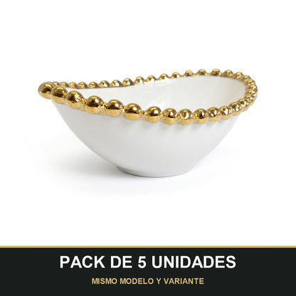 PACK DE 5 UNIDADES — Cuenco Ovalado de Porcelana con Borde Dorado 14,5cm x 10cm ✨. MISMO MODELO Y VARIANTE