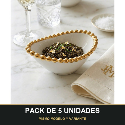 PACK DE 5 UNIDADES — Cuenco Ovalado de Porcelana con Borde Dorado 14,5cm x 10cm ✨. MISMO MODELO Y VARIANTE