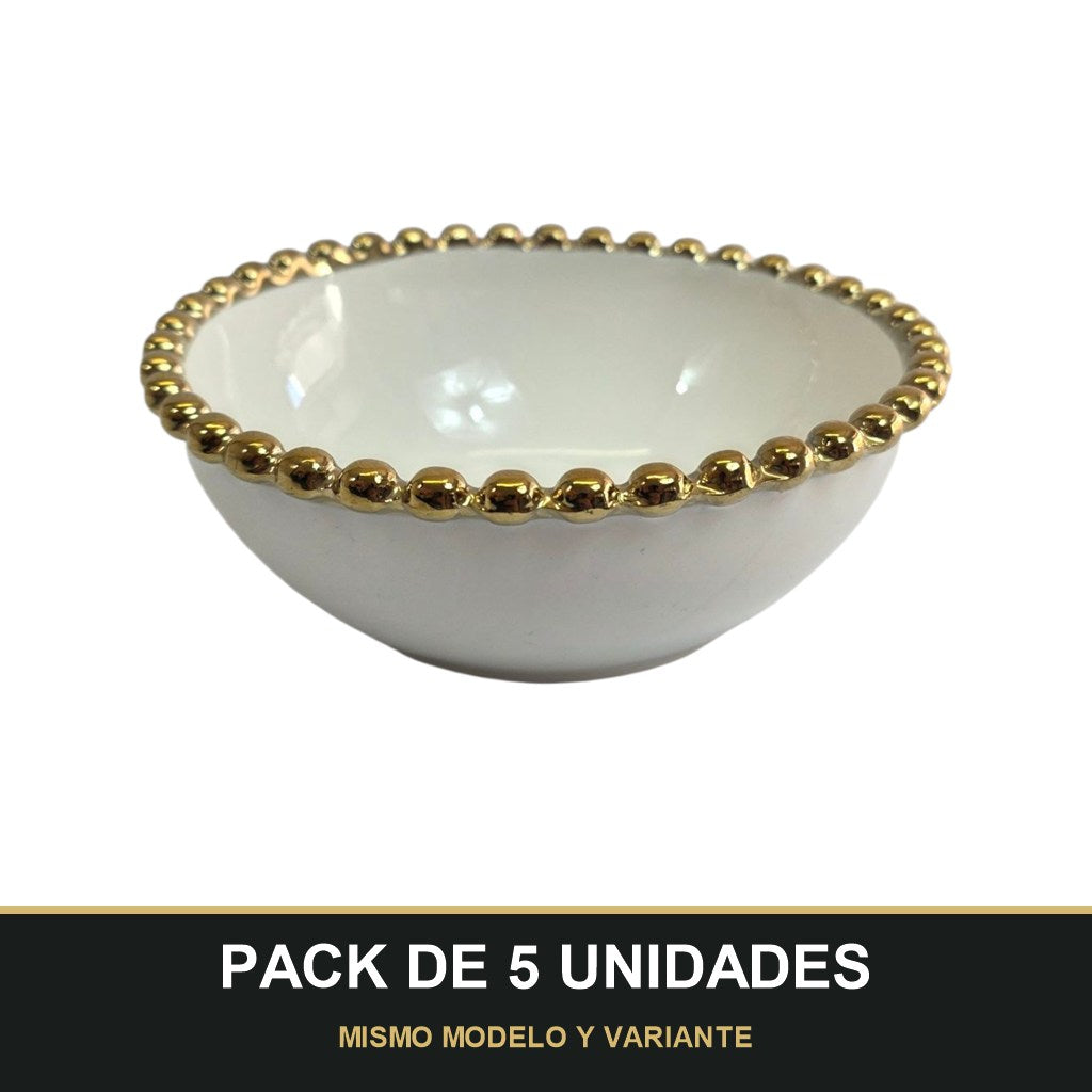 PACK DE 5 UNIDADES — Cuenco Blanco con Borde Dorado Ø 12,5cm – Elegancia Clásica para Tu Mesa. MISMO MODELO Y VARIANTE