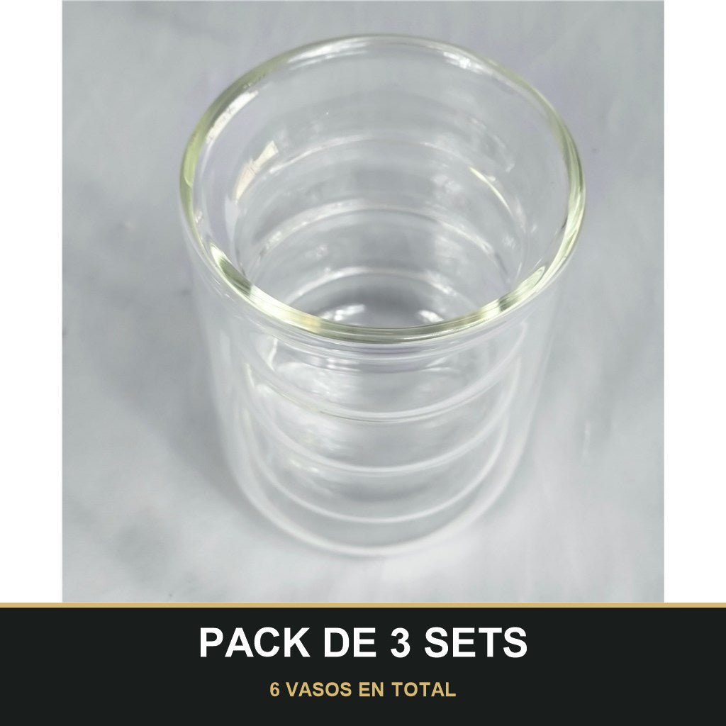 PACK DE 3 SETS — Vasos de Vidrio Doble Pared con Diseño Ondulado – Set de 2 Vasos Modernos. 6 VASOS EN TOTAL