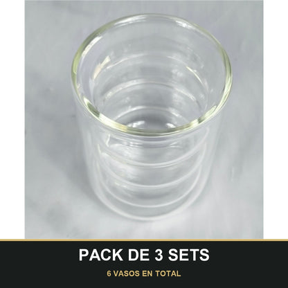 PACK DE 3 SETS — Vasos de Vidrio Doble Pared con Diseño Ondulado – Set de 2 Vasos Modernos. 6 VASOS EN TOTAL