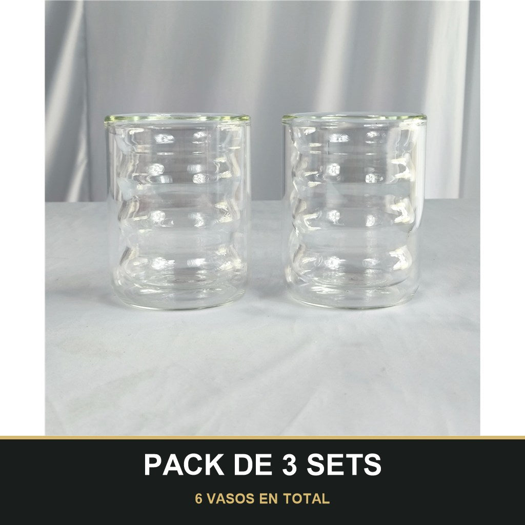 PACK DE 3 SETS — Vasos de Vidrio Doble Pared con Diseño Ondulado – Set de 2 Vasos Modernos. 6 VASOS EN TOTAL