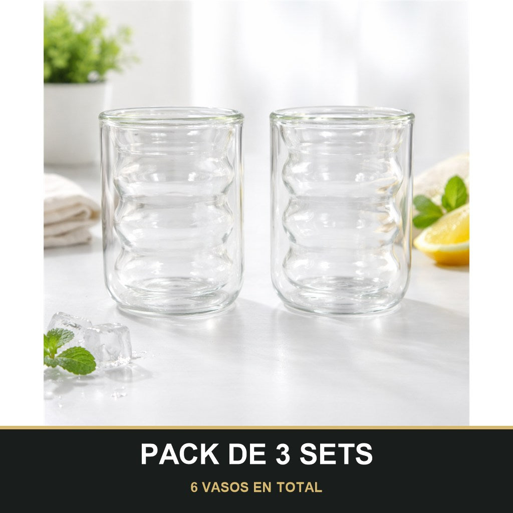 PACK DE 3 SETS — Vasos de Vidrio Doble Pared con Diseño Ondulado – Set de 2 Vasos Modernos. 6 VASOS EN TOTAL