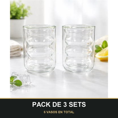 PACK DE 3 SETS — Vasos de Vidrio Doble Pared con Diseño Ondulado – Set de 2 Vasos Modernos. 6 VASOS EN TOTAL