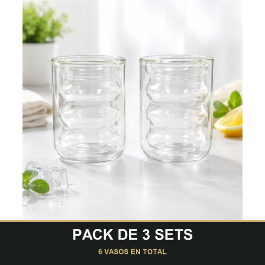 PACK DE 3 SETS — Vasos de Vidrio Doble Pared con Diseño Ondulado – Set de 2 Vasos Modernos. 6 VASOS EN TOTAL