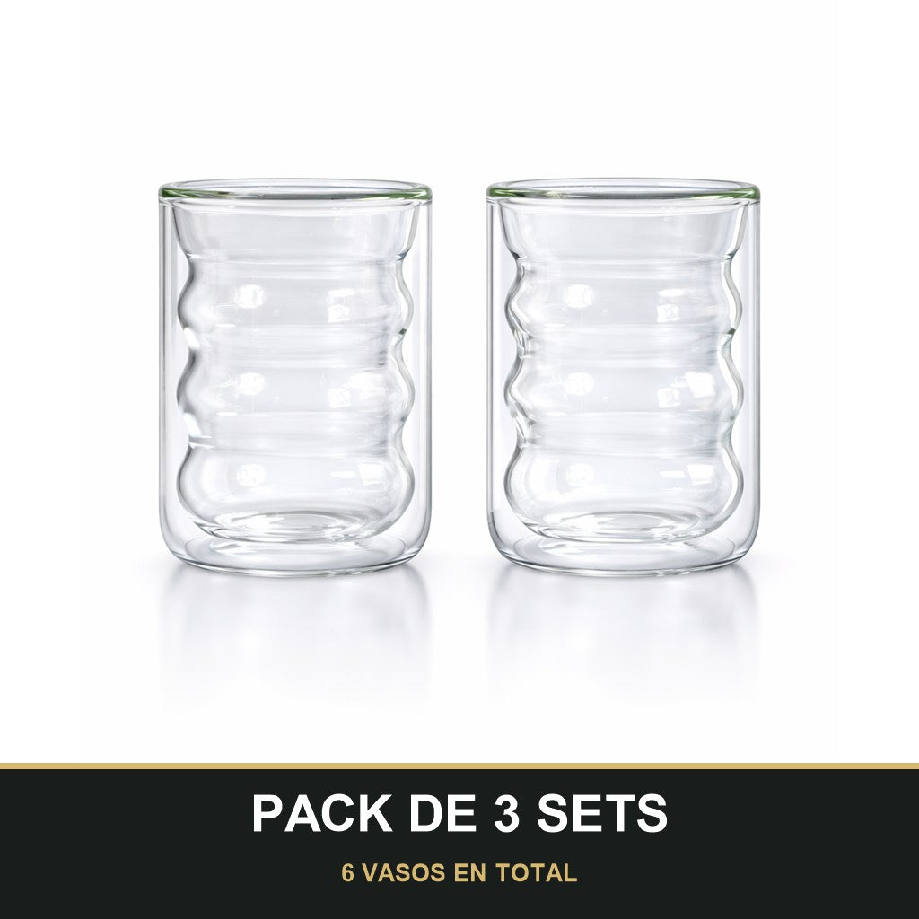 PACK DE 3 SETS — Vasos de Vidrio Doble Pared con Diseño Ondulado – Set de 2 Vasos Modernos. 6 VASOS EN TOTAL