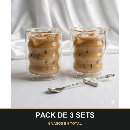 PACK DE 3 SETS — Vasos de Vidrio Doble Pared con Diseño Ondulado – Set de 2 Vasos Modernos. 6 VASOS EN TOTAL