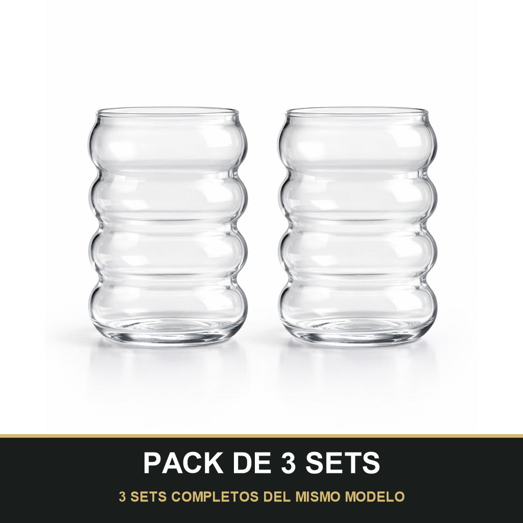 PACK DE 3 SETS — Set de Vasos de Vidrio Ondulado Moderno – Diseño Elegante y Minimalista para Bebidas. 3 SETS COMPLETOS DEL MISMO MODELO