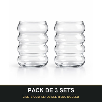 PACK DE 3 SETS — Set de Vasos de Vidrio Ondulado Moderno – Diseño Elegante y Minimalista para Bebidas. 3 SETS COMPLETOS DEL MISMO MODELO
