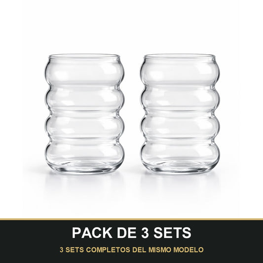 PACK DE 3 SETS — Set de Vasos de Vidrio Ondulado Moderno – Diseño Elegante y Minimalista para Bebidas. 3 SETS COMPLETOS DEL MISMO MODELO