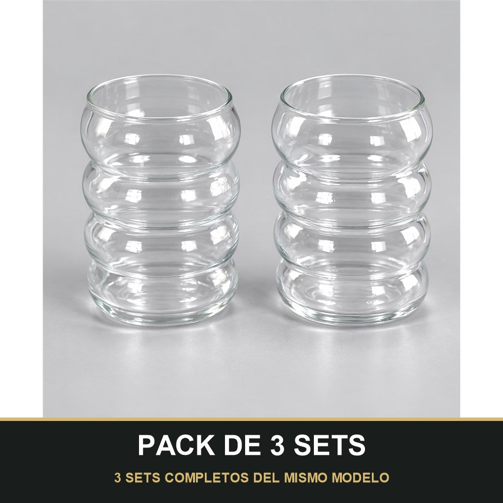 PACK DE 3 SETS — Set de Vasos de Vidrio Ondulado Moderno – Diseño Elegante y Minimalista para Bebidas. 3 SETS COMPLETOS DEL MISMO MODELO