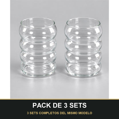 PACK DE 3 SETS — Set de Vasos de Vidrio Ondulado Moderno – Diseño Elegante y Minimalista para Bebidas. 3 SETS COMPLETOS DEL MISMO MODELO