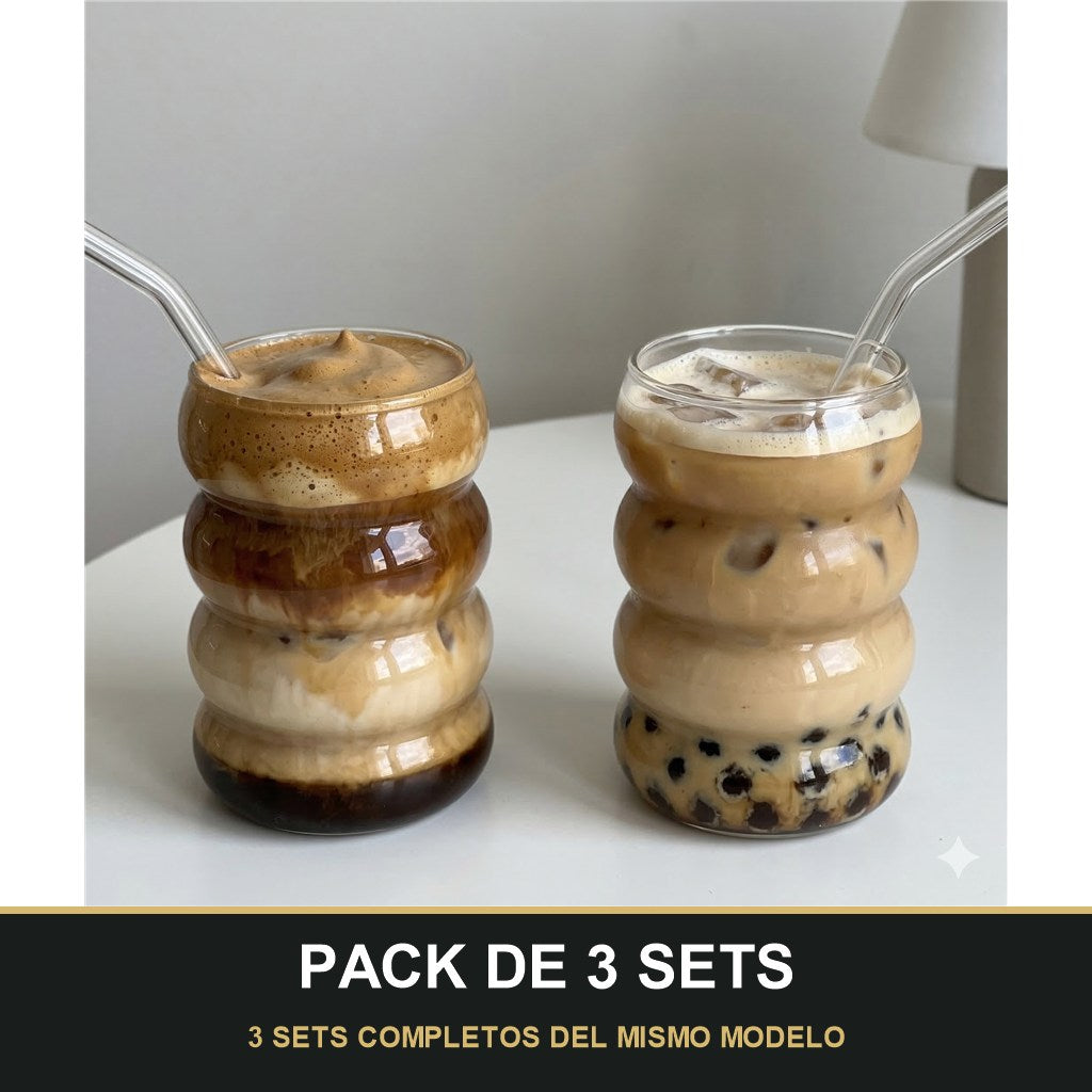 PACK DE 3 SETS — Set de Vasos de Vidrio Ondulado Moderno – Diseño Elegante y Minimalista para Bebidas. 3 SETS COMPLETOS DEL MISMO MODELO