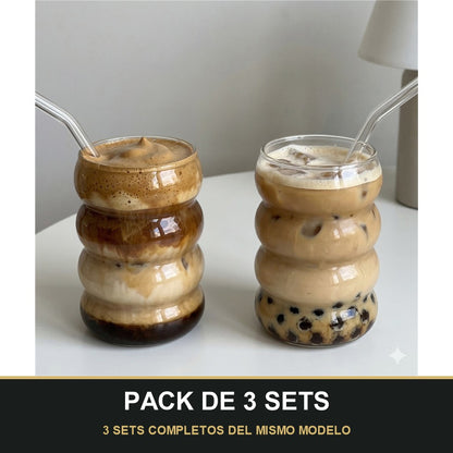 PACK DE 3 SETS — Set de Vasos de Vidrio Ondulado Moderno – Diseño Elegante y Minimalista para Bebidas. 3 SETS COMPLETOS DEL MISMO MODELO