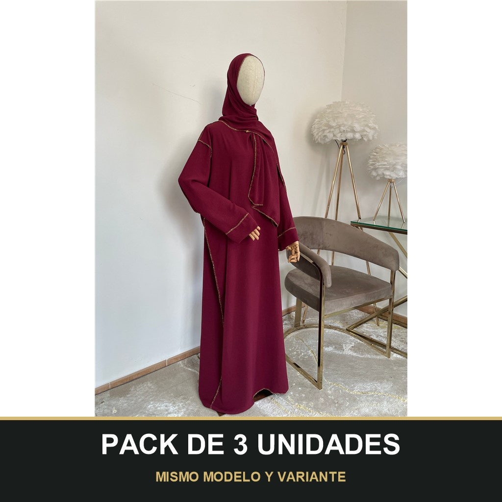 PACK DE 3 UNIDADES — Abaya con Hijab Integrado de Tela Crepe – Elegante y Práctica. MISMO MODELO Y VARIANTE