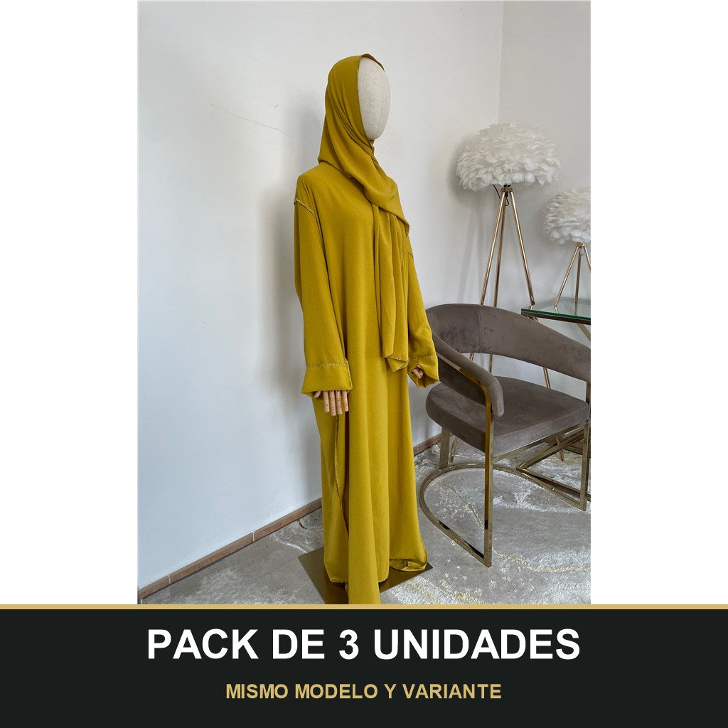 PACK DE 3 UNIDADES — Abaya con Hijab Integrado de Tela Crepe – Elegante y Práctica. MISMO MODELO Y VARIANTE