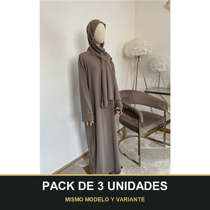 PACK DE 3 UNIDADES — Abaya con Hijab Integrado de Tela Crepe – Elegante y Práctica. MISMO MODELO Y VARIANTE