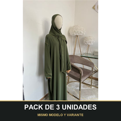 PACK DE 3 UNIDADES — Abaya con Hijab Integrado de Tela Crepe – Elegante y Práctica. MISMO MODELO Y VARIANTE