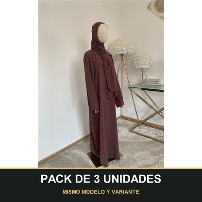 PACK DE 3 UNIDADES — Abaya con Hijab Integrado de Tela Crepe – Elegante y Práctica. MISMO MODELO Y VARIANTE