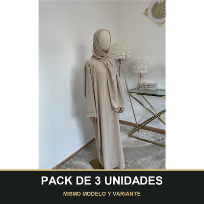 PACK DE 3 UNIDADES — Abaya con Hijab Integrado de Tela Crepe – Elegante y Práctica. MISMO MODELO Y VARIANTE