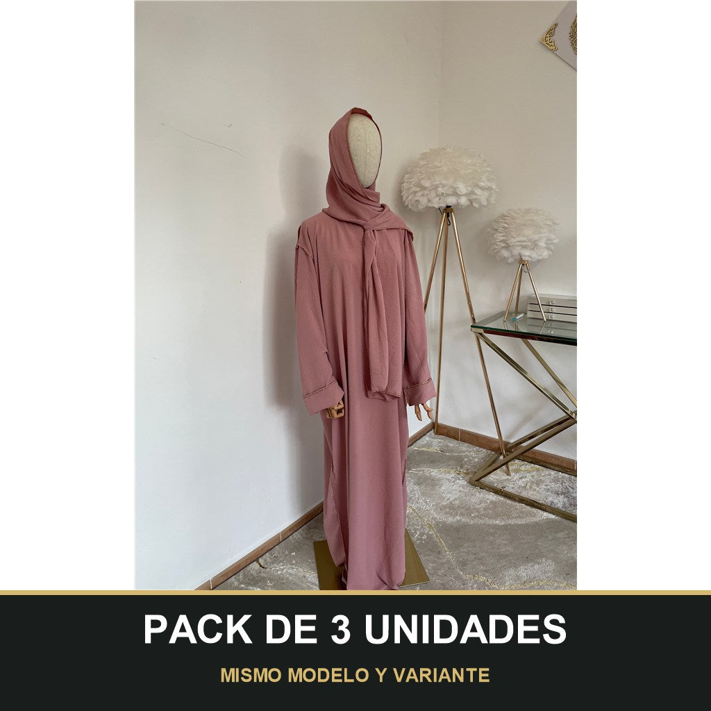 PACK DE 3 UNIDADES — Abaya con Hijab Integrado de Tela Crepe – Elegante y Práctica. MISMO MODELO Y VARIANTE