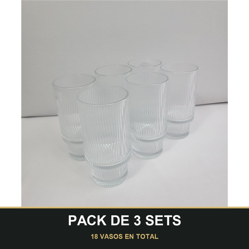 PACK DE 3 SETS — Set 6 Vasos Lines de Cristal Estriado Transparente. 18 VASOS EN TOTAL
