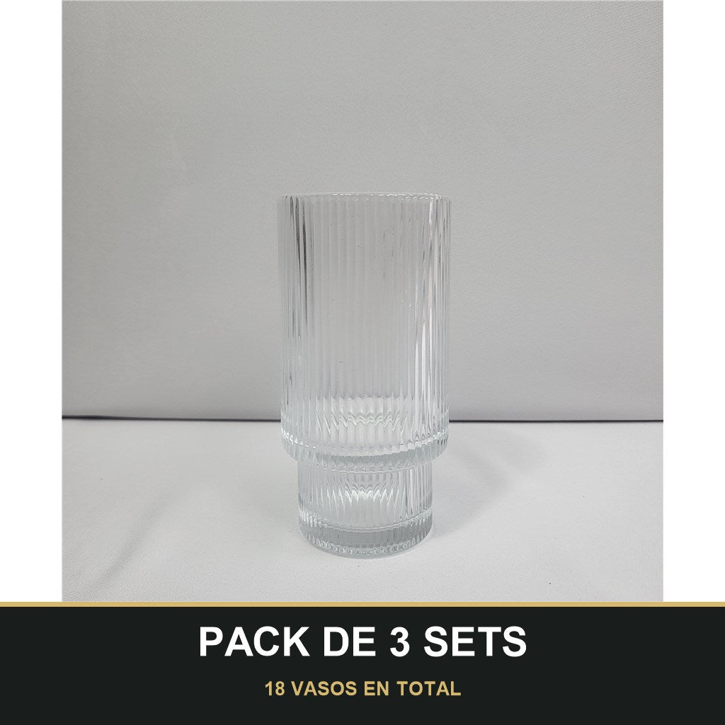PACK DE 3 SETS — Set 6 Vasos Lines de Cristal Estriado Transparente. 18 VASOS EN TOTAL