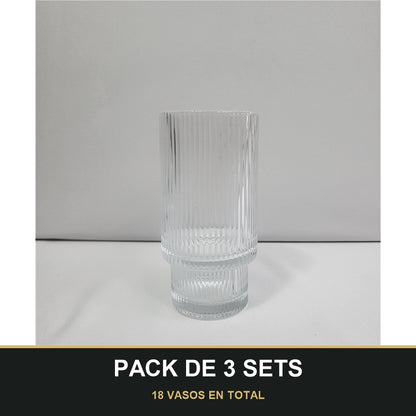PACK DE 3 SETS — Set 6 Vasos Lines de Cristal Estriado Transparente. 18 VASOS EN TOTAL