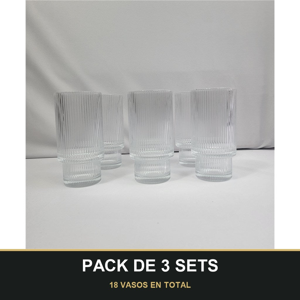 PACK DE 3 SETS — Set 6 Vasos Lines de Cristal Estriado Transparente. 18 VASOS EN TOTAL
