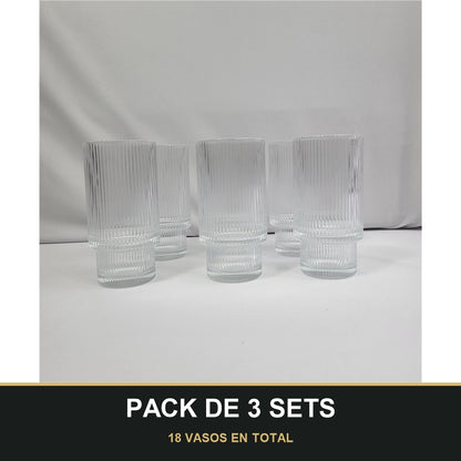 PACK DE 3 SETS — Set 6 Vasos Lines de Cristal Estriado Transparente. 18 VASOS EN TOTAL
