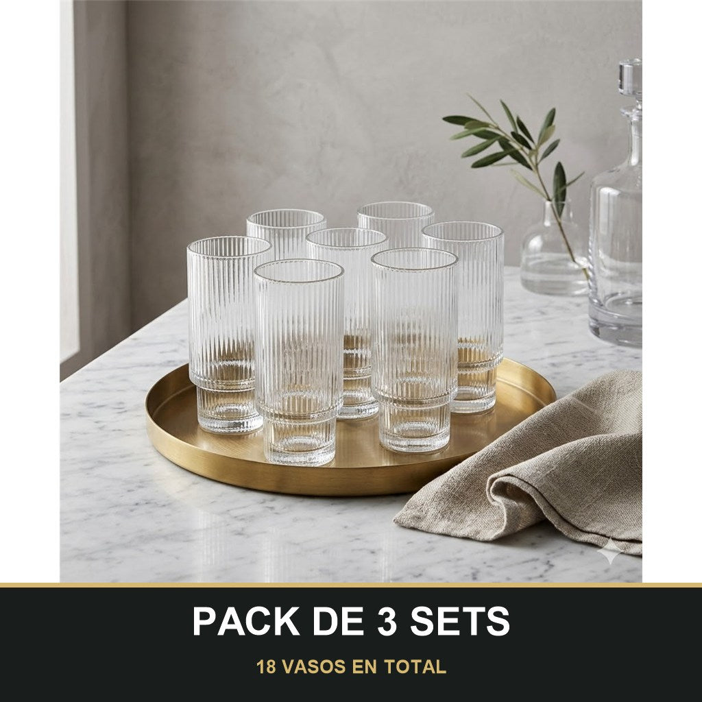 PACK DE 3 SETS — Set 6 Vasos Lines de Cristal Estriado Transparente. 18 VASOS EN TOTAL