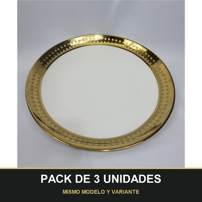 PACK DE 3 UNIDADES — Plato de Presentación Dorado con Borde Geométrico - 10" (25,4 cm). MISMO MODELO Y VARIANTE