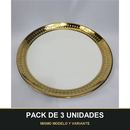 PACK DE 3 UNIDADES — Plato de Presentación Dorado con Borde Geométrico - 10" (25,4 cm). MISMO MODELO Y VARIANTE