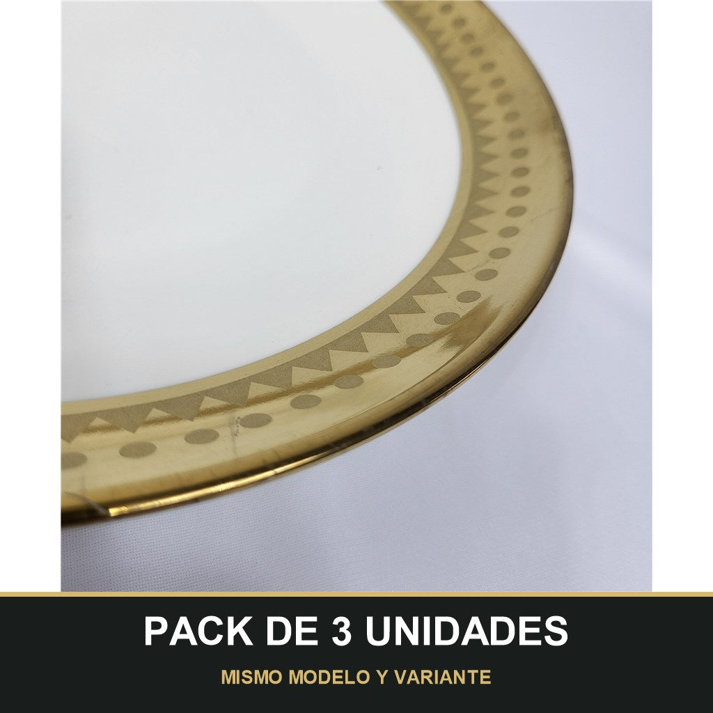 PACK DE 3 UNIDADES — Plato de Presentación Dorado con Borde Geométrico - 10" (25,4 cm). MISMO MODELO Y VARIANTE
