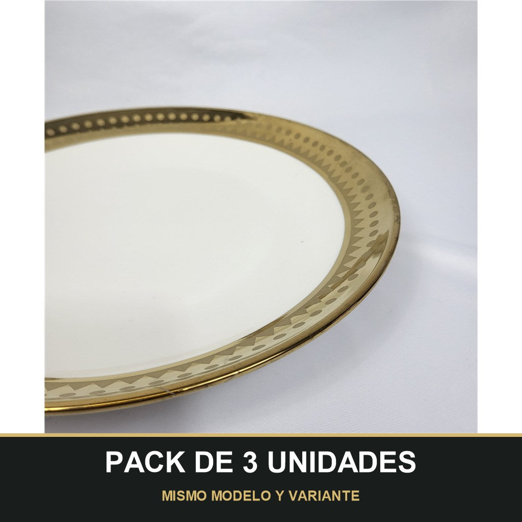 PACK DE 3 UNIDADES — Plato de Presentación Dorado con Borde Geométrico - 10" (25,4 cm). MISMO MODELO Y VARIANTE