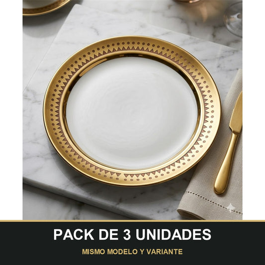 PACK DE 3 UNIDADES — Plato de Presentación Dorado con Borde Geométrico - 10" (25,4 cm). MISMO MODELO Y VARIANTE