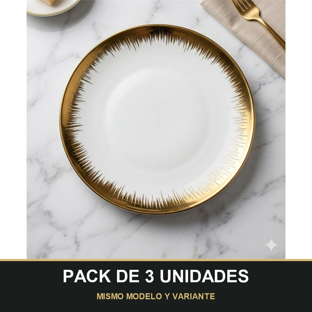 PACK DE 3 UNIDADES — Plato de Presentación Dorado Rayos de Sol - 10" (25,4 cm). MISMO MODELO Y VARIANTE