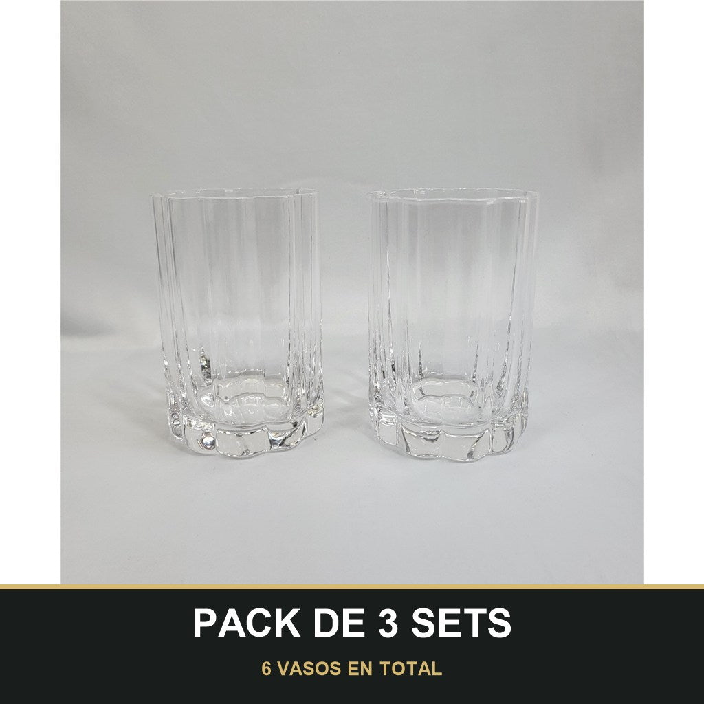 PACK DE 3 SETS — Set de 2 Vasos de Cristal con Borde Ondulado y Tallado Vertical. 6 VASOS EN TOTAL