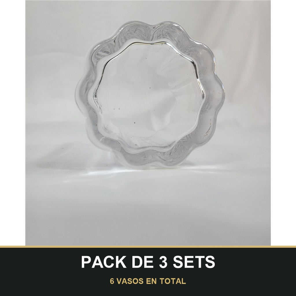 PACK DE 3 SETS — Set de 2 Vasos de Cristal con Borde Ondulado y Tallado Vertical. 6 VASOS EN TOTAL