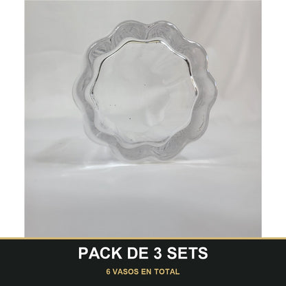 PACK DE 3 SETS — Set de 2 Vasos de Cristal con Borde Ondulado y Tallado Vertical. 6 VASOS EN TOTAL