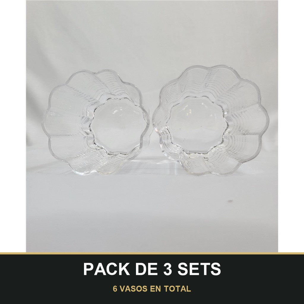 PACK DE 3 SETS — Set de 2 Vasos de Cristal con Borde Ondulado y Tallado Vertical. 6 VASOS EN TOTAL