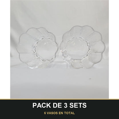 PACK DE 3 SETS — Set de 2 Vasos de Cristal con Borde Ondulado y Tallado Vertical. 6 VASOS EN TOTAL