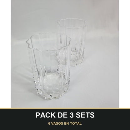 PACK DE 3 SETS — Set de 2 Vasos de Cristal con Borde Ondulado y Tallado Vertical. 6 VASOS EN TOTAL